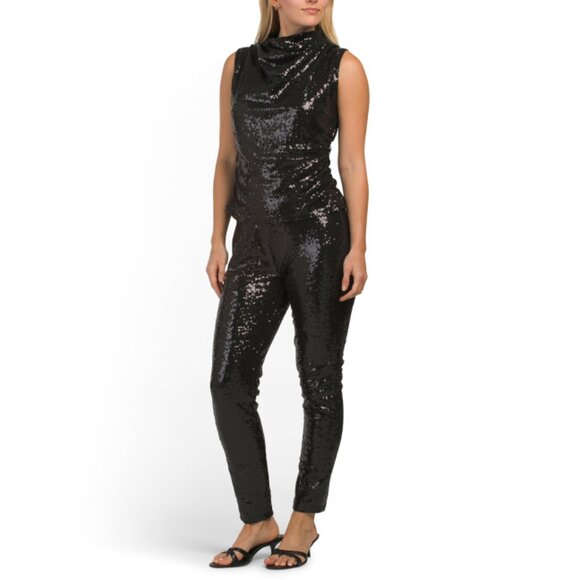 CABLE & GAUGE Black 2pc Sequin Embellished Cowl Neck Top And Pants Set - Picture 1 of 2